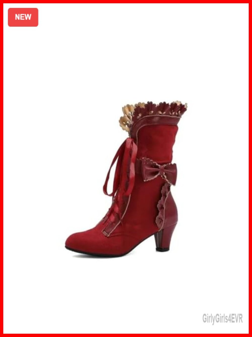 Victorian Boots Chunky Heels Lace Up Bow Knot Faux Suede Mid-Calf